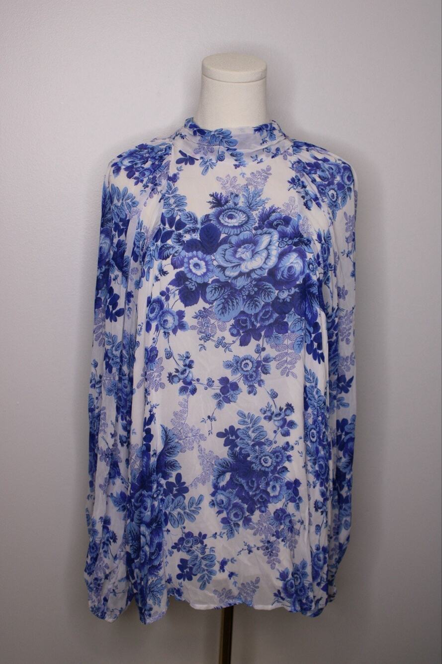 Anthropologie Maeve Sheer Tunic Blouse Blue Floral Shirt Large NWT $120